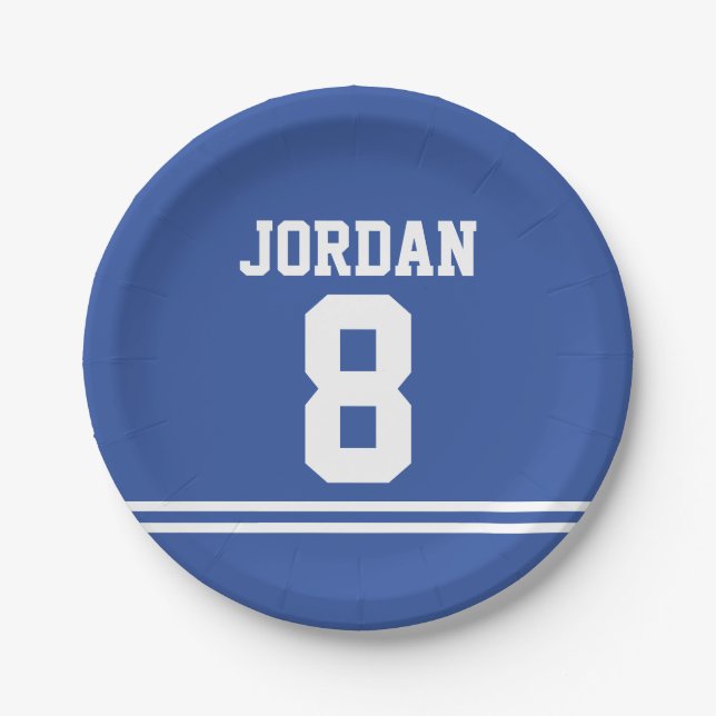 Blue Football Jersey - Sports Theme Birthday Party Paper Plate (Front)