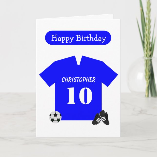 Blue Football Shirt Personalised 10th Birthday Card (Front)