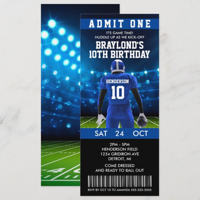 Blue Football Ticket Birthday Invitation (Front/Back)