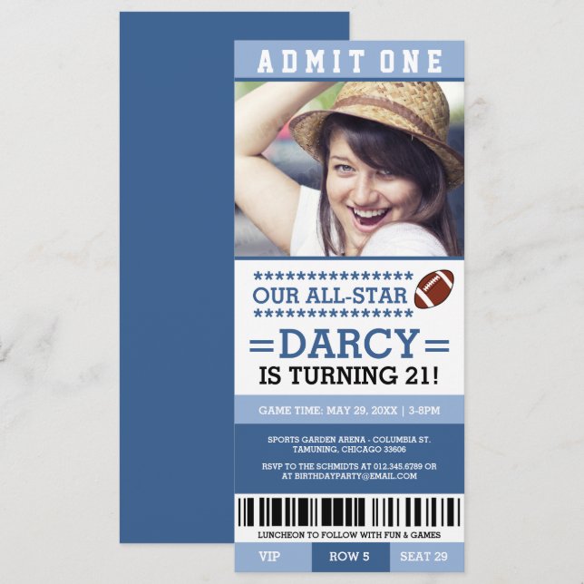 Blue Football Ticket Birthday Invites (Front/Back)