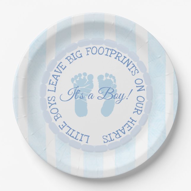 Blue Footprints Boy Baby Shower Paper Plates (Front)