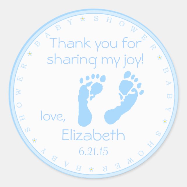 Blue Footprints Boy Baby Shower Thank You Classic Round Sticker (Front)