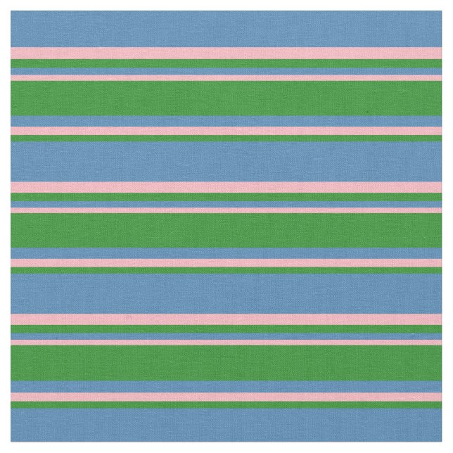 Blue, Forest Green & Light Pink Stripes Pattern Fabric (Close Up)