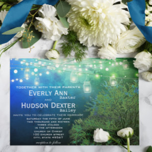 Blue Forest Mason Jar Fairy Lights Wedding Invitation