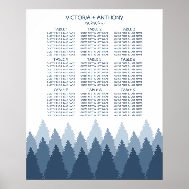 Blue Forest Range Woodland Wedding Seating Chart (Front)