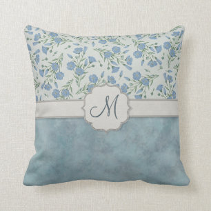 Blue Forget-Me-Not Floral and Marble with Monogram Cushion