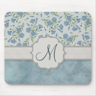 Blue Forget-Me-Not Floral and Marble with Monogram Mouse Mat