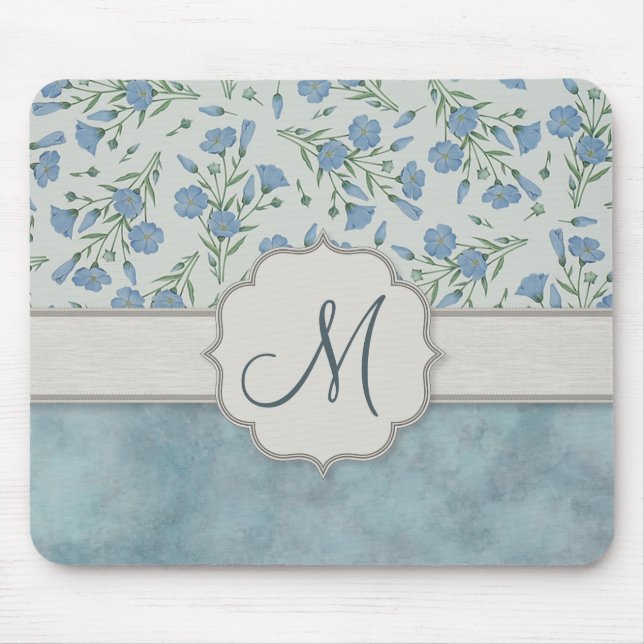 Blue Forget-Me-Not Floral and Marble with Monogram Mouse Mat (Front)
