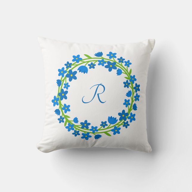  Blue Forget-me-not floral wreath with monogram Cushion (Front)