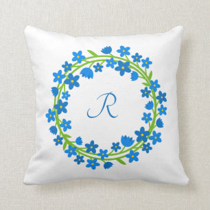  Blue Forget-me-not floral wreath with monogram Cushion