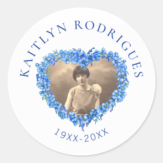 Blue forget-me-not flowers heart photo memorial classic round sticker (Front)