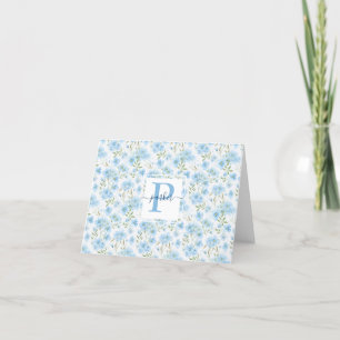 Blue Forget Me Not Flowers Monogram Thank You Card