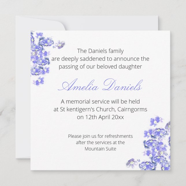 Blue Forget-me-not Funeral Announcement Card (Front)