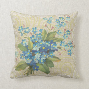 Blue forget me not & lace floral vintage pillow