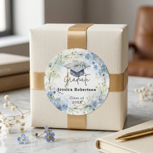 Blue Forget Me Not Watercolor Graduation Cap Classic Round Sticker