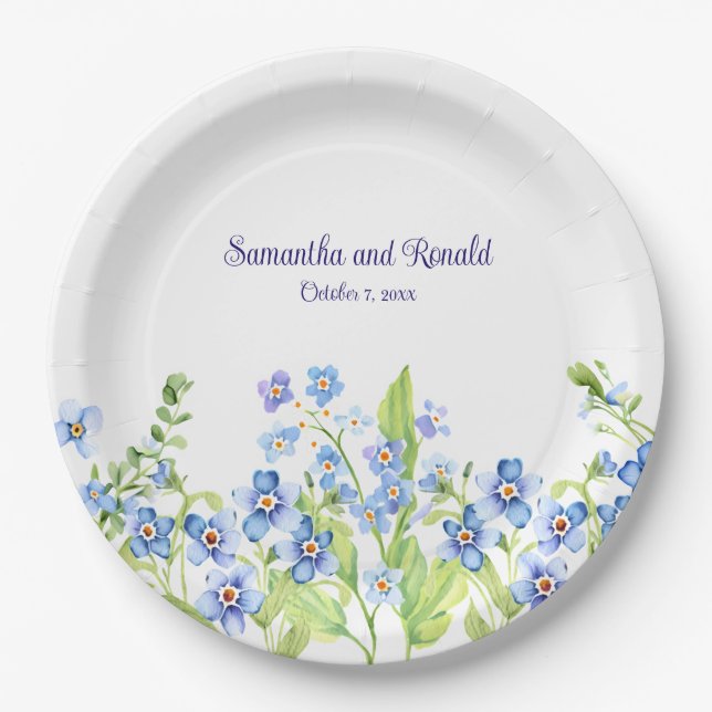 Blue Forget Me Not Watercolor Wedding  Paper Plate (Front)