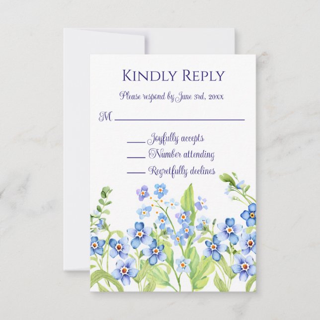 Blue Forget Me Not Watercolor Wedding RSVP card (Front)