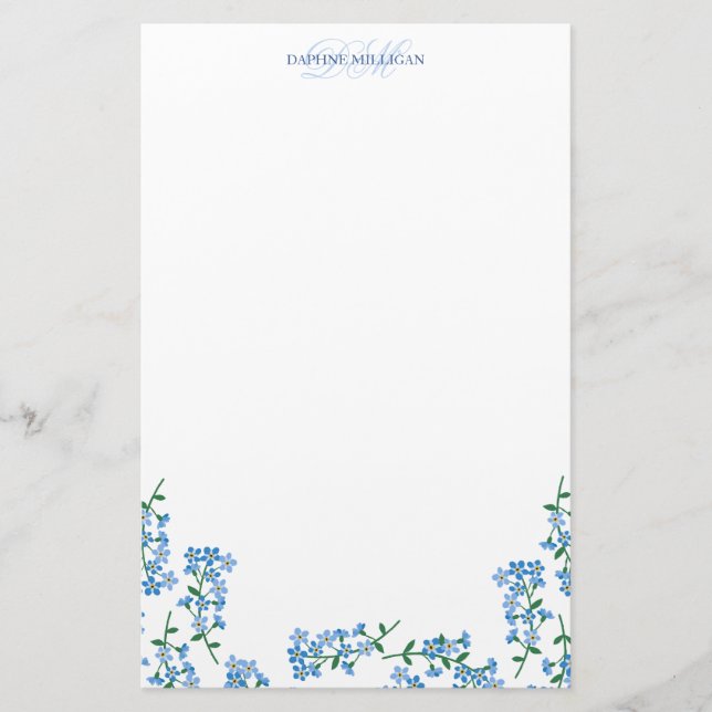 Blue Forget Me Nots - Add Name Monogram Stationery (Front)