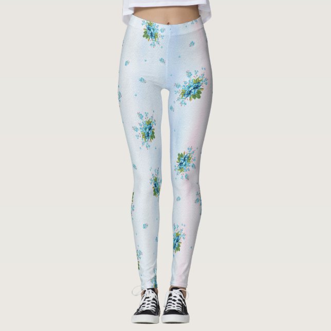Blue forget-me-not's on a soft pink-blue leggings (Front)