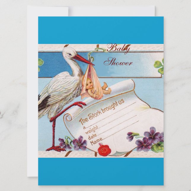 BLUE FORGET ME NOTS,STORK BABY SHOWER MONOGRAM INVITATION (Front)