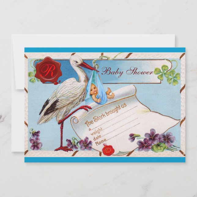 BLUE FORGET ME NOTS,STORK BABY SHOWER MONOGRAM INVITATION (Front)