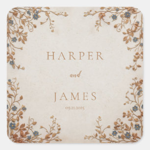 Blue Forgetmenot Gold Embroidery Cream Wedding Square Sticker