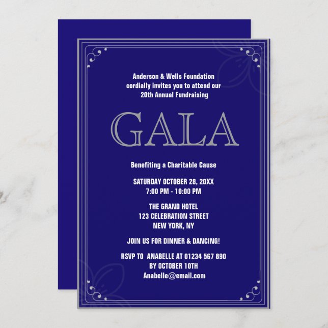 Blue Formal Corporate Gala Ball Party Fundraiser  Invitation (Front/Back)
