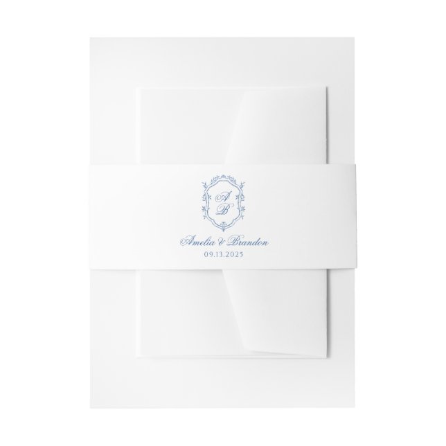Blue Formal Monogram Crest & Script Wedding Invitation Belly Band (Front Example)
