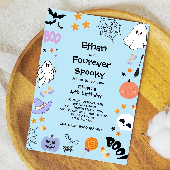Blue Four Ever Spooky Ghost Halloween 4th Birthday Invitation (Blue Four Ever Spooky Cute Ghost Boy Halloween 4th Birthday Invitation )