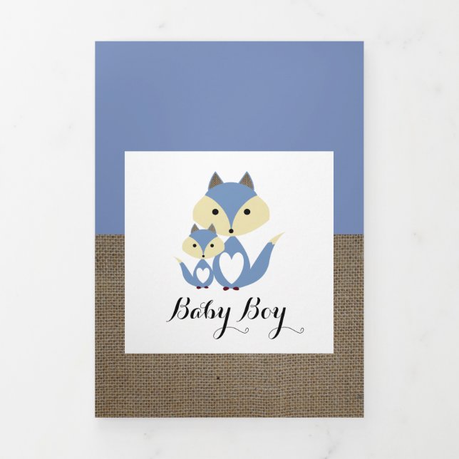 Blue Fox Burlap, 5 Photo Collage Baby Birth Tri-Fold Announcement (Cover)