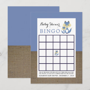 Blue Fox Burlap Baby Shower Bingo Invitation