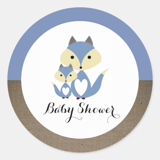 Blue Fox Burlap Baby Shower Classic Round Sticker (Front)