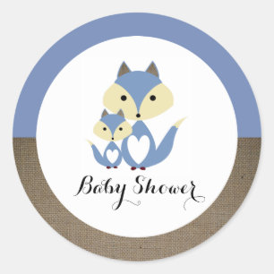 Blue Fox Burlap Baby Shower Classic Round Sticker