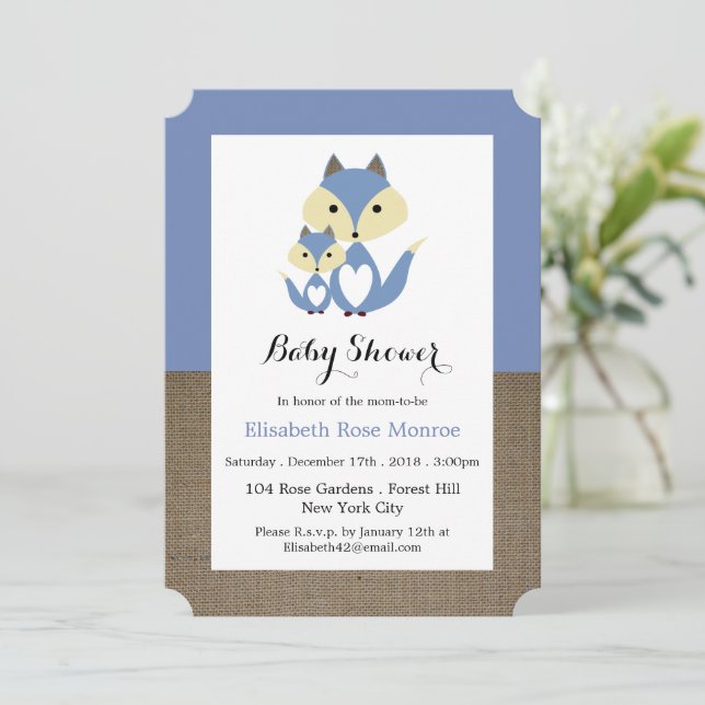 Blue Fox Burlap Baby Shower Invitation (Standing Front)