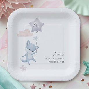 Blue Fox Flying Balloon First Birthday Party Paper Plate