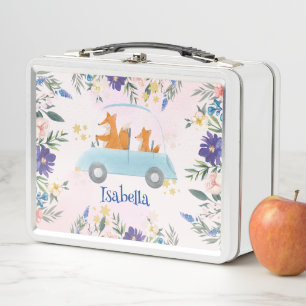Blue Fox Race car Tropical flower Birthday party Metal Lunch Box