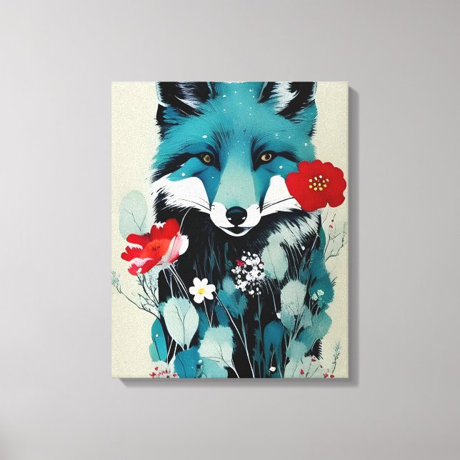 Blue Fox Red and White Flowers Canvas Print (Front)