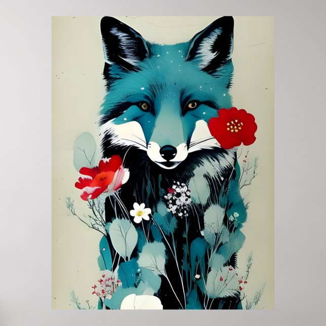 Blue Fox Red and White Flowers Poster (Front)