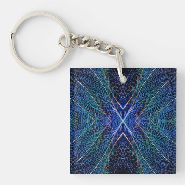 Blue Fractal Feather Design Key Ring (Front)