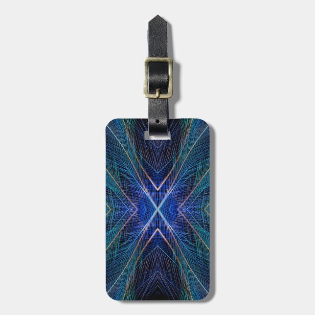 Blue Fractal Feather Design Luggage Tag (Front Vertical)