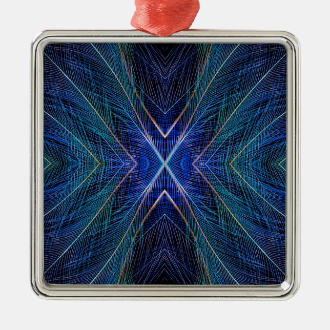 Blue Fractal Feather Design Metal Tree Decoration (Front)