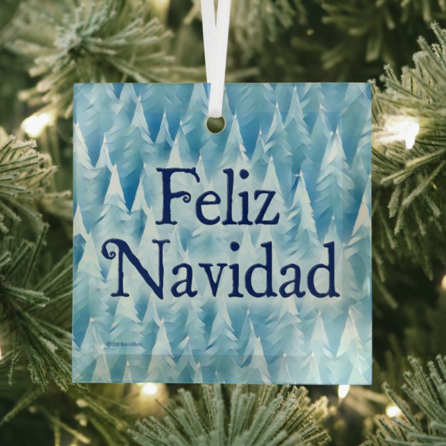 Blue Fractal Forest - Feliz Navidad Glass Tree Decoration (Insitu)