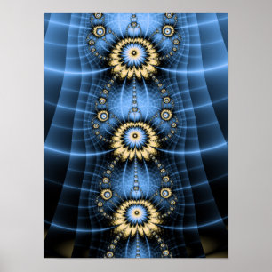 Blue Fractal Mandala Ornamental Symmetrical Design Poster