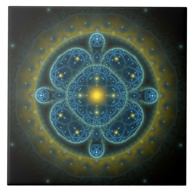 Blue fractal ornate pattern mandala tile (Front)