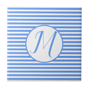 Blue Frame Monogram Letter M Stripes Tile