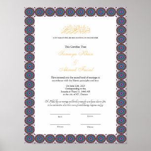 Blue frame Muslim nikkah certificate poster