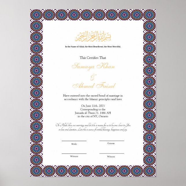 Blue frame Muslim nikkah certificate poster (Front)