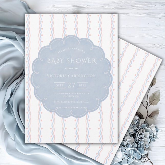 Blue Frame Pink Hearts Vintage Baby Shower Invitation (Creator Uploaded)