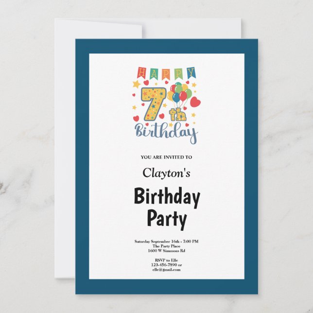 Blue Framed 7th Birthday Party Invitation (Front)