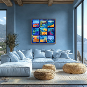 Blue Framed Desert Art Grid – Colourful Geometric  Poster